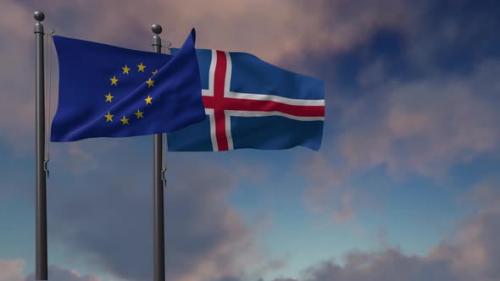 Videohive - Iceland Flag Waving Along With The European Union Flag - 4K - 42950990 - 42950990