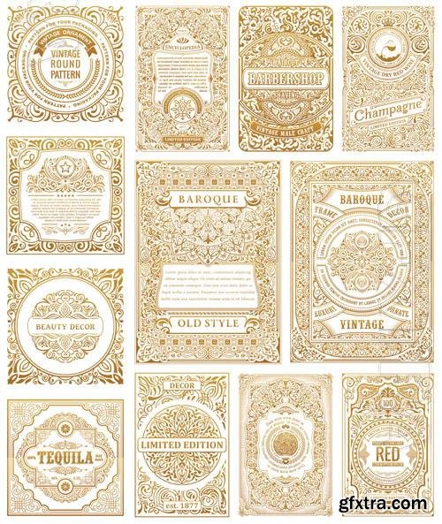 Vector vintage golden set cards calligraphic frames design labels