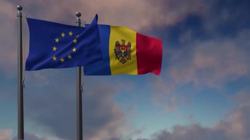 Videohive - Moldova Flag Waving Along With The European Union Flag - 4K - 42948574 - 42948574