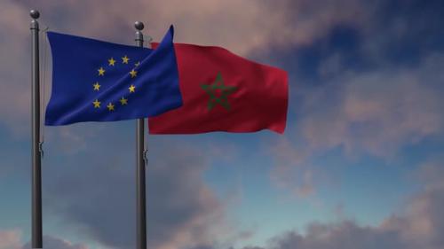 Videohive - Morocco Flag Waving Along With The European Union Flag - 4K - 42948586 - 42948586