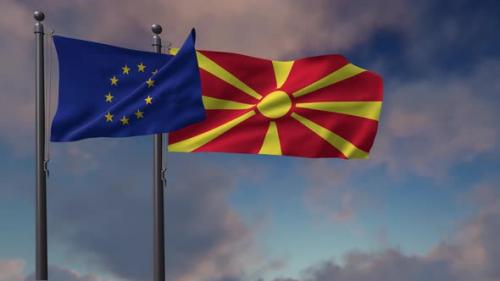 Videohive - North Macedonia Flag Waving Along With The European Union Flag - 4K - 42948592 - 42948592