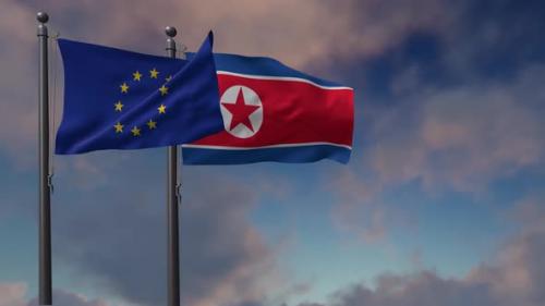 Videohive - North Korea Flag Waving Along With The European Union Flag - 4K - 42948594 - 42948594