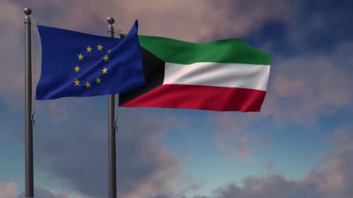 Videohive - Kuwait Flag Waving Along With The European Union Flag - 2K - 42948982 - 42948982