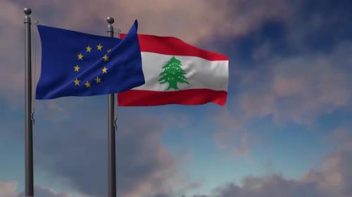 Videohive - Lebanon Flag Waving Along With The European Union Flag - 4K - 42948986 - 42948986