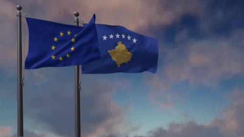 Videohive - Kosovo Flag Waving Along With The European Union Flag - 2K - 42948989 - 42948989