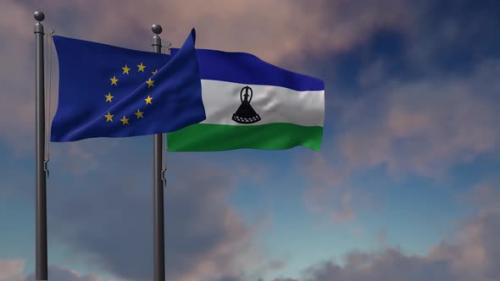 Videohive - Lesotho Flag Waving Along With The European Union Flag - 4K - 42948992 - 42948992