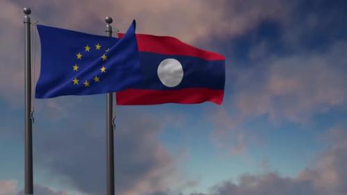 Videohive - Laos Flag Waving Along With The European Union Flag - 4K - 42948996 - 42948996