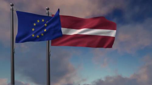 Videohive - Latvia Flag Waving Along With The European Union Flag - 4K - 42948997 - 42948997