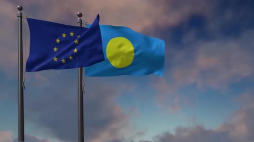Videohive - Palau Flag Waving Along With The European Union Flag - 4K - 42949021 - 42949021
