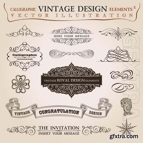 Vector calligraphic elements vintage set and congratulation ribbon frame ornament decor