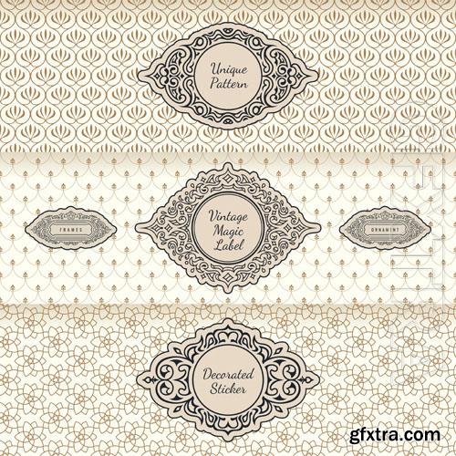 Vector design labels and horizontal frames packaging on seamless background vintage ornament