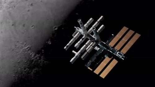 Videohive - large space station orbiting the moon. the concept of exploring new planets and satellites. - 42974637 - 42974637