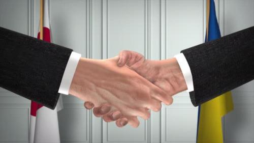 Videohive - Japan and Ukraine diplomacy deal animation. Businessman partner handshake. National flag - 43075900 - 43075900