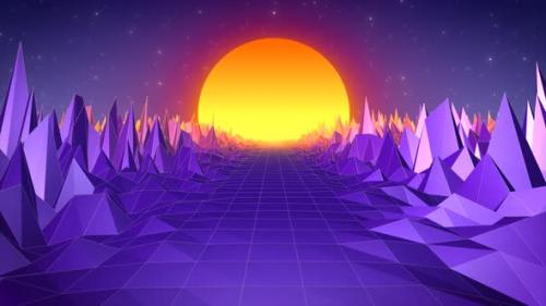 Videohive - Abstract retro landscape in old style of 80s, 90s with road rocks mountains and sun, abstract - 43087174 - 43087174