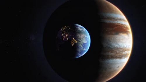 Videohive - Planet earth and jupiter. Solar system size comparison. Blue starry space background. - 43001865 - 43001865