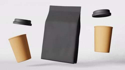 Videohive - Black pouch bag coffee cups with lids levitating 3D animation Coffee shop discount demonstration 4K - 43043607 - 43043607