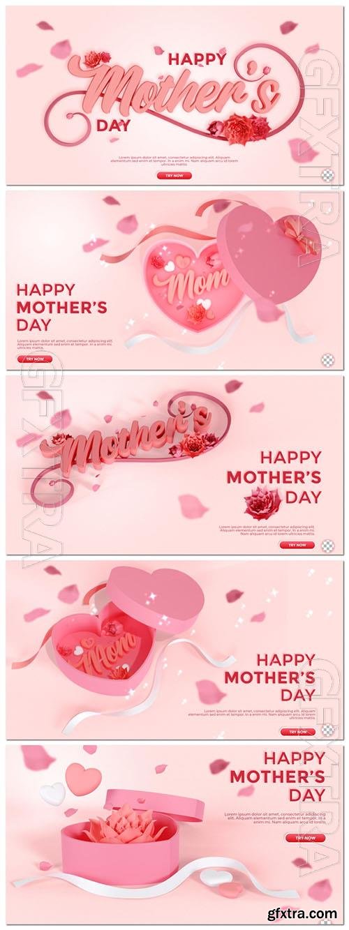 PSD 3d text mother day greeting background with flower petal and box in pink color