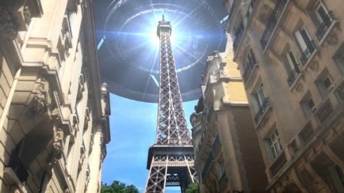 Videohive - Large Flying saucer ufo over Paris and Eiffel Tower - 31469709 - 31469709