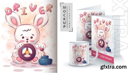 Vector driver rabbit - illustration and merchandising