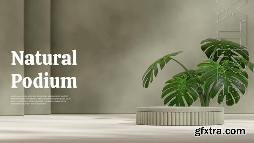 PSD monstera plant and green wall 3d render mockup template green cylinder podium in landscape