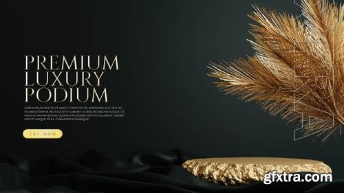 PSD luxury premium gold stone podium with leaves and fabric for elegant product presentation