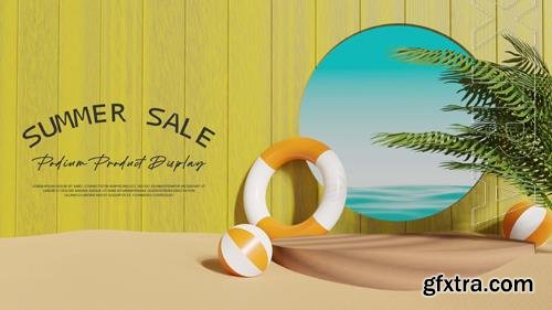PSD wood podium with plam sand sea and sky in summer scene for product presentation background