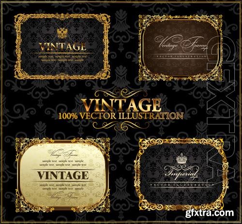 Vector vintage gold frames and decor labels on black background