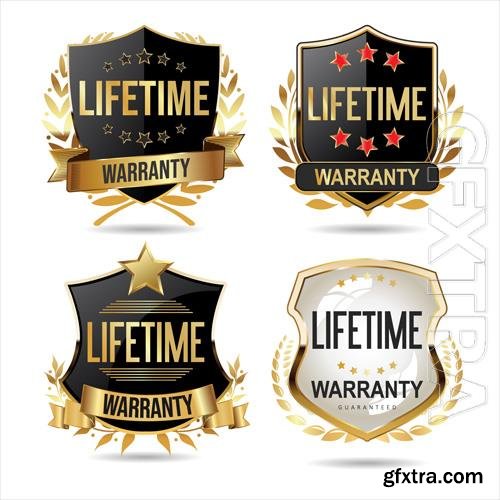 Vector collection of warranty guaranteed gold and black labels on white background