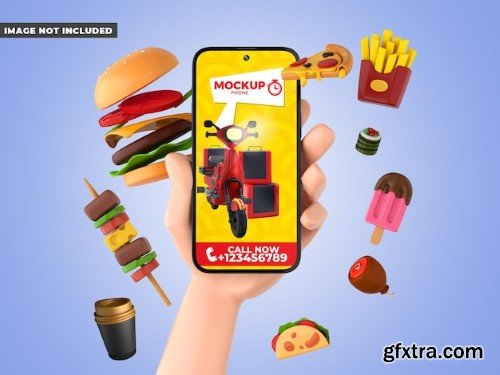 Cartoon hand holding phone mockup with food