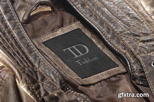 PSD logo mockup dark brown leather jacket label