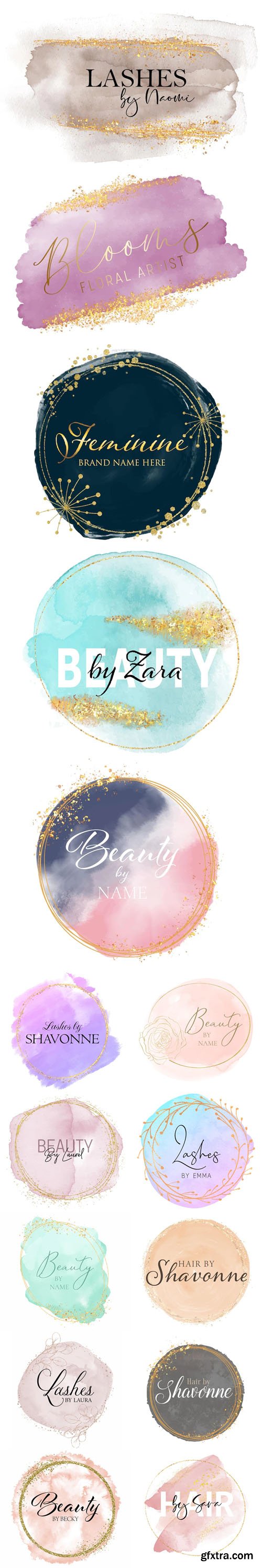 Elegant Decorative Glitter Watercolor Logos - 15 Vector Design Templates