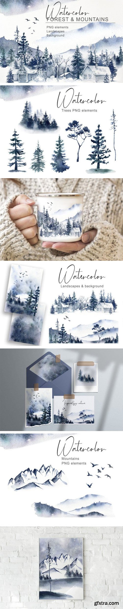 Watercolor Forest & Mountain PNG Clipart