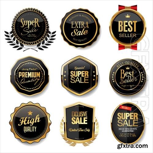 Vector collection of golden badges and labels retro style