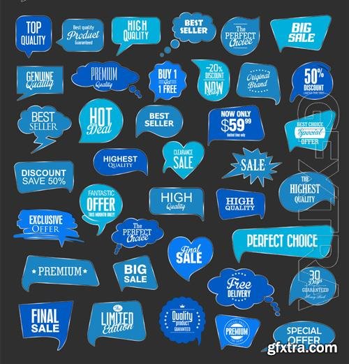 Vector blue sale stickers on black background illustration collection