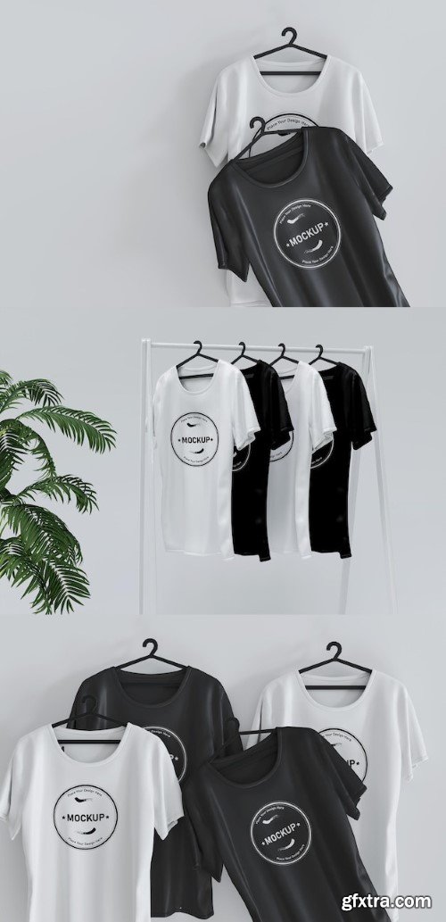 Realistic hanging t-shirt mockup