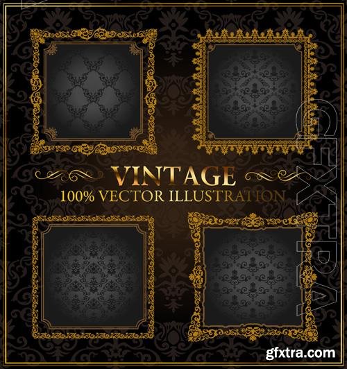 Vector vector vintage gold frames and decor labels on black background vol 2