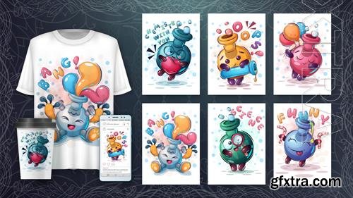 Vector set cartoon character flask - set five poster