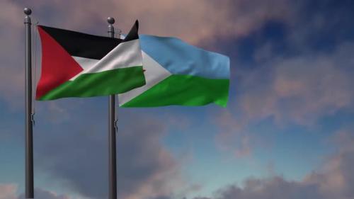 Videohive - Djibouti Flag Waving Along With The Palestine Flag - 4K - 43182327 - 43182327