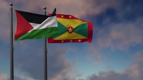 Videohive - Grenada Flag Waving Along With The Palestine Flag - 4K - 43244380 - 43244380