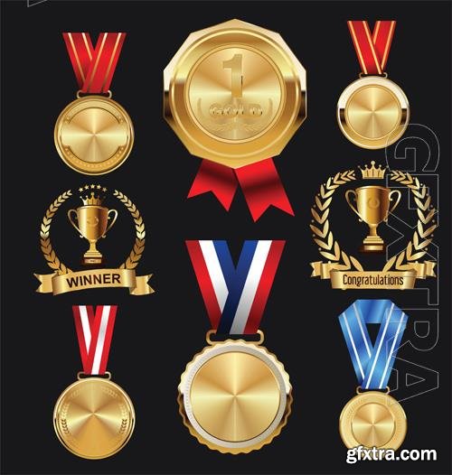 Vector champion golden medal with red and blue ribbon icon sign first place