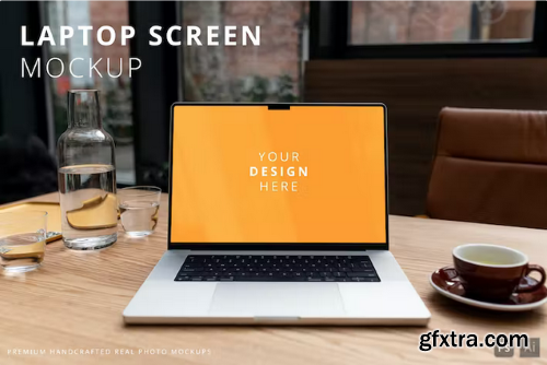 MacBook Screen Mockup on the Wood Cafe Table
