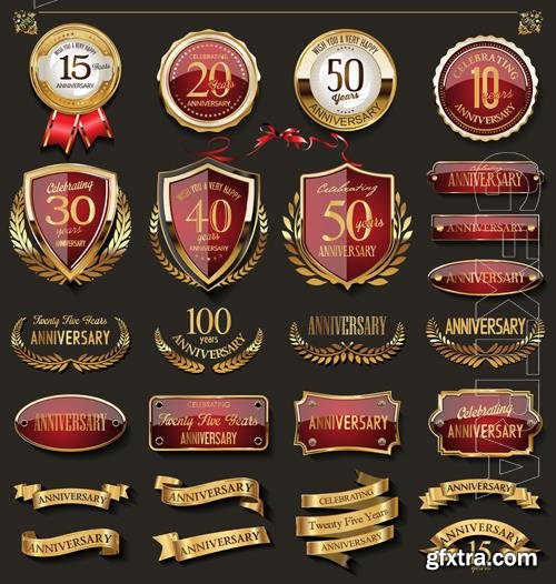 Vector collection of elegant red and gold anniversary badges a