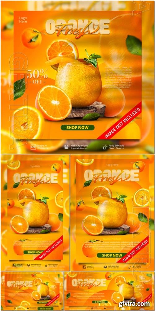 PSD fresh orange juice summer drink menu for promo social media instagram post website banner template