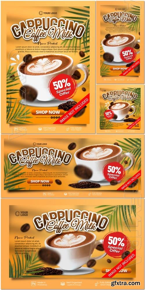 PSD cappuccino coffee milk special drink with decoration social media post webiste banner template