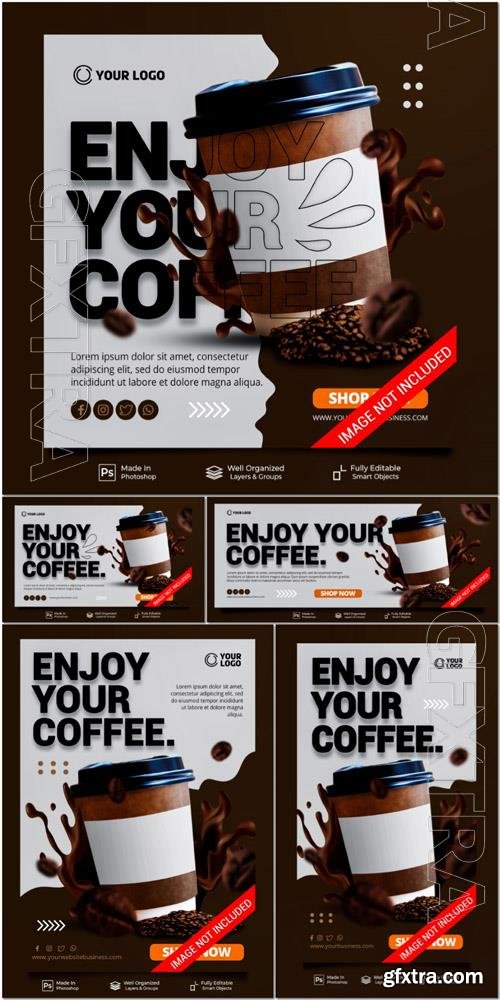 PSD enjoy your coffee new menu special coffee drink cafe restaurant for promotion poster banner template