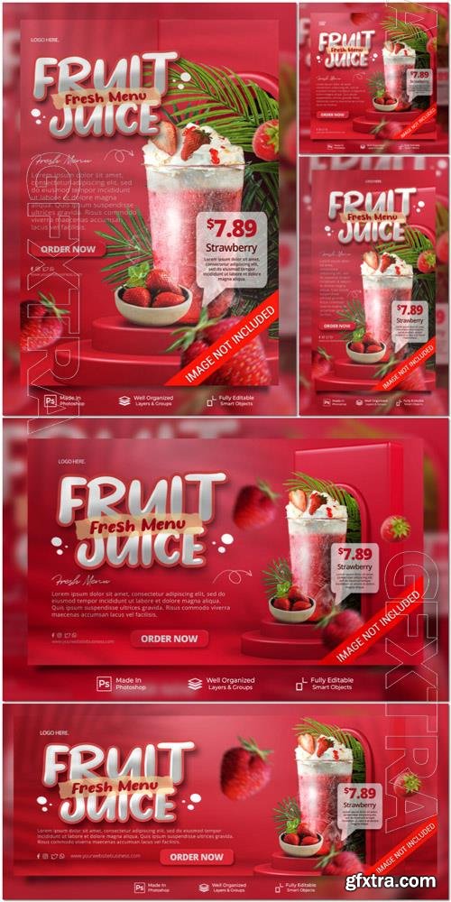 PSD strawberry fruit juice fresh drink menu with podium display post website banner template