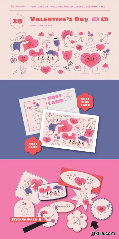 Pink Gradient Valentine Day Illustration Set