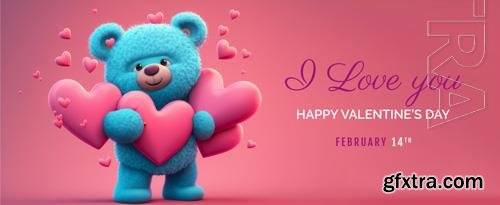 PSD happy valentines day bear banner, holiday romantic background mockup with decorative