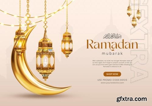 PSD 3d ramadan kareem social media banner template with crescent and islamic lanterns