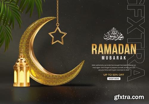 PSD 3d ramadan kareem social banner template with crescent and islamic lantern